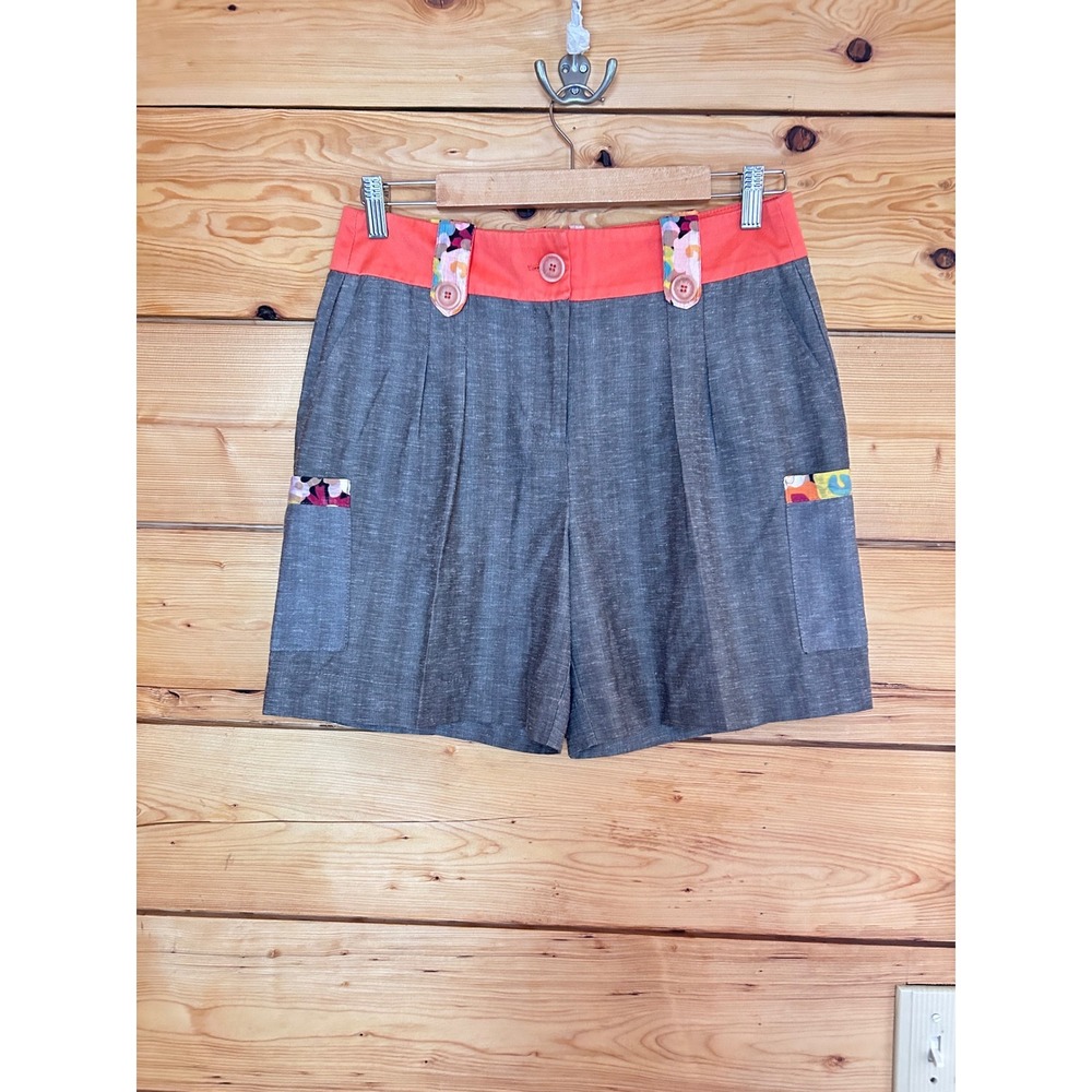 Linen Pleated Shorts Size Medium Grey Coral Orange Reina Diaz Couture Designer